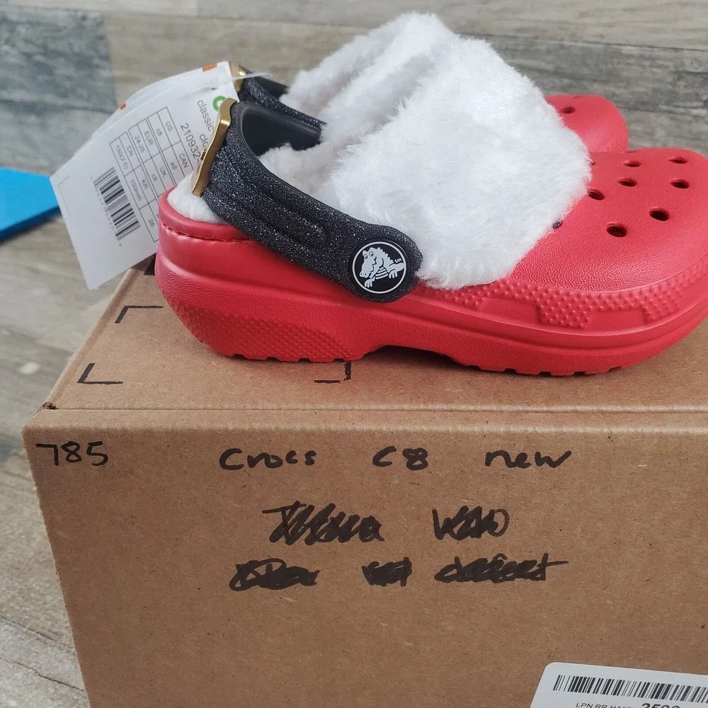 Crocs Classic Lined Santa Kids Clogs Sz 8 C8 Red Rubber Slip-On Slingback Shoes